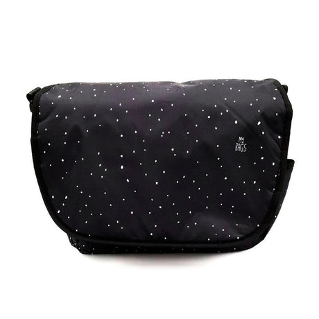 Torba do wózka My Bag's Flap Bag Confetti Black z kieszeniami i przewijakiem, stylowa, funkcjonalna i wygodna dla rodziców.