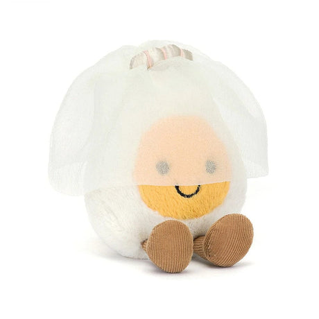 Pluszowe jajko Jellycat Amuseable Boiled Egg Bride 14 cm z welonem i tiarą, idealna maskotka z miękkim futerkiem dla dzieci.