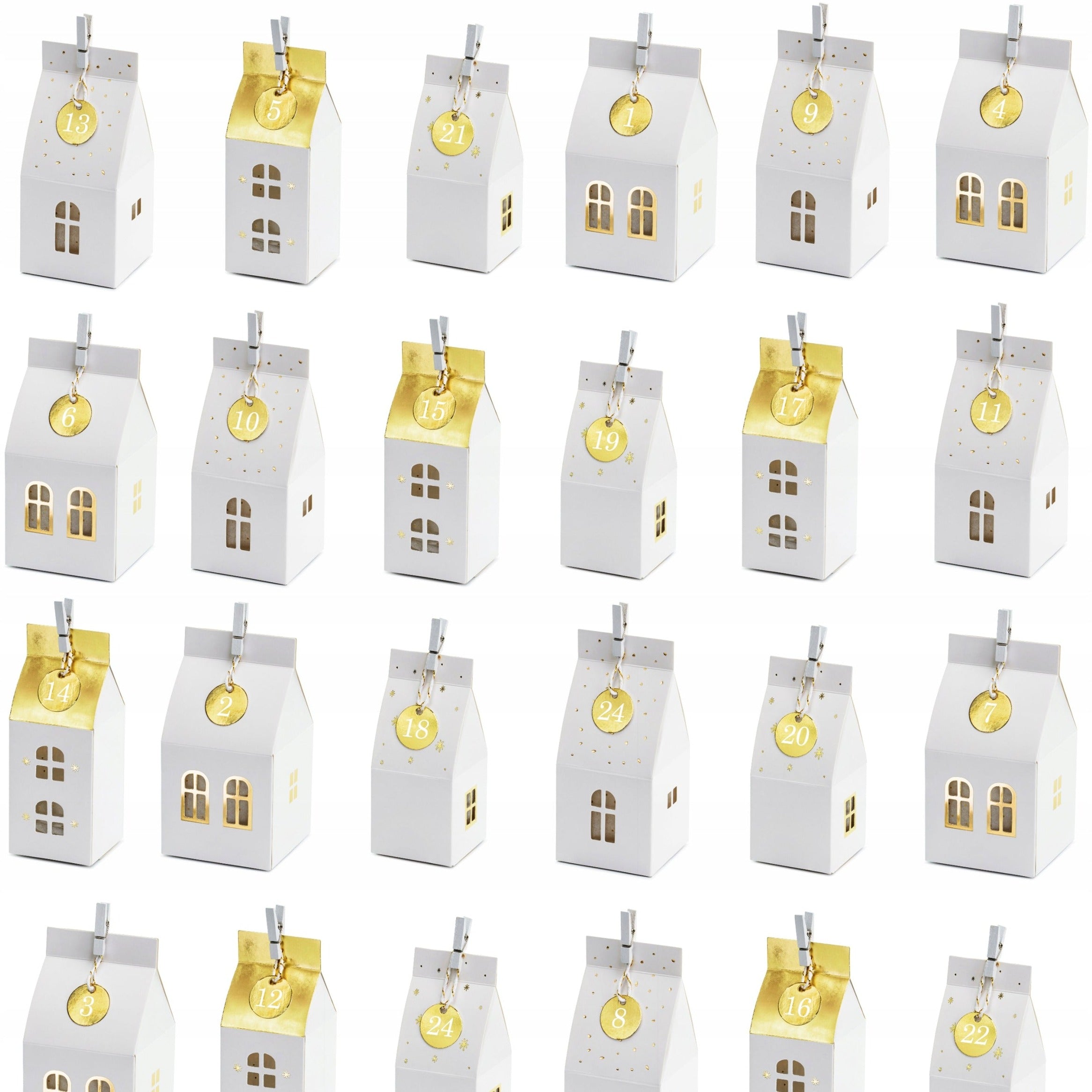 PartyDeco: Kisten für Adventskalender weiß und goldene Häuser