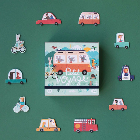 Puzzle Obserwacyjne Londji Petit Voyage - kreatywna gra kieszonkowa, 24 elementy, 10 kafelków z pojazdami, rozwijająca spostrzegawczość.