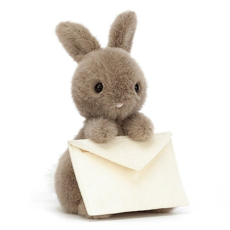Pluszowy króliczek Messenger Bunny Jellycat 19 cm z zamszową kopertą, idealny na prezent.