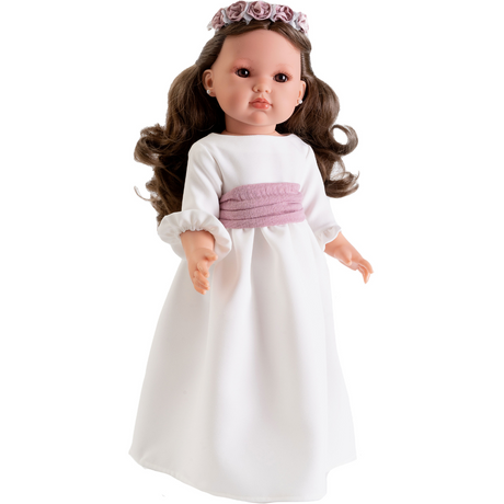 Lalka Antonio Juan Bella 28222, hiszpańska lalka bobas w białej sukience i wianku, wykonana z najlepszego winylu.