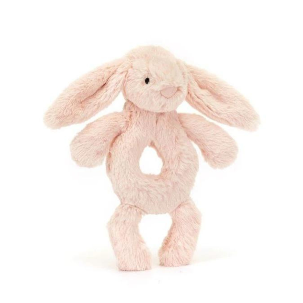 Grzechotka Jellycat Bashful Bunny Ring Rattle pudrowy róż, 18 cm, idealna dla niemowląt, rozwija zmysły - świetny prezent.