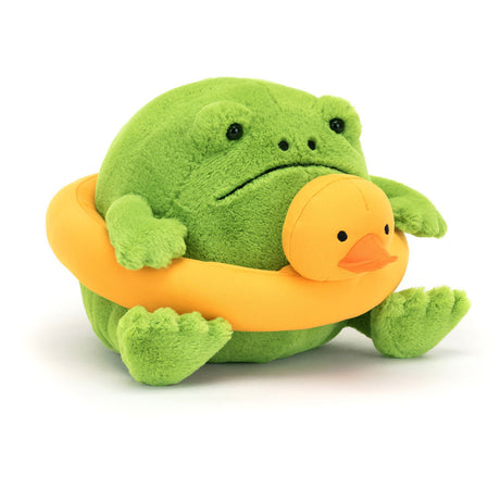 Maskotka żaba Jellycat Ricky Rain z kaczuszką, mała zielona żabka dla dzieci, pluszak idealny na wakacje i do przytulania.