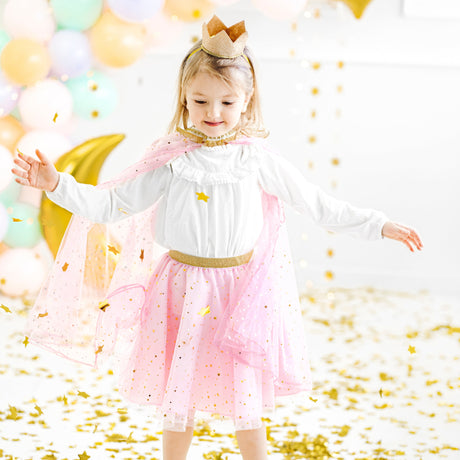 Różowa tiulowa spódniczka Partydeco w złote gwiazdki, idealna na bal karnawałowy, Halloween lub świąteczne stylizacje.