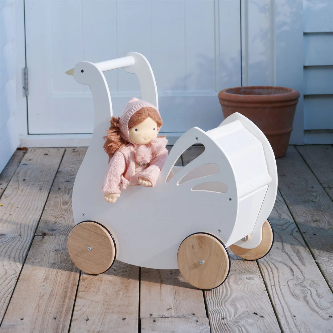 Tender Leaf Toys: drewniany wózek dla lalek z akcesoriami Łabędź