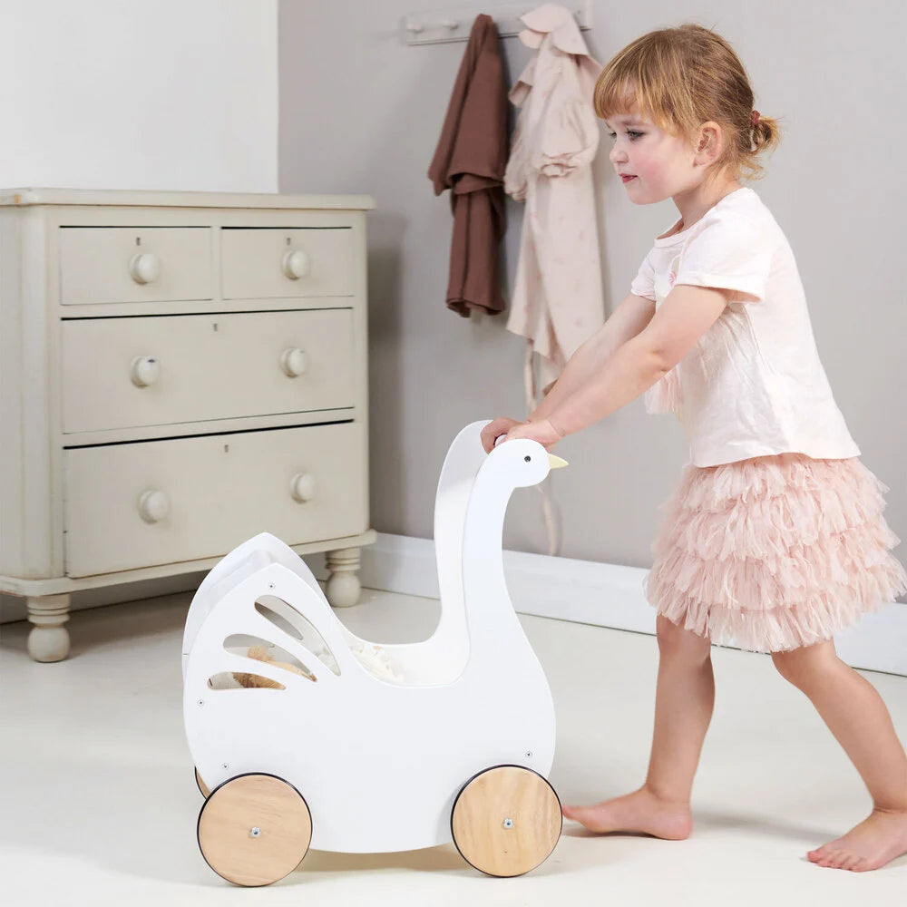 Tender Leaf Toys: Wooden doll stroller with swan accessories