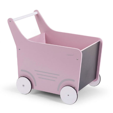 Pchacz dla dzieci Childhome Soft Pink: wielofunkcyjny drewniany jeździk, wspomaga naukę chodzenia, przechowuje zabawki, tablica do rysowania.