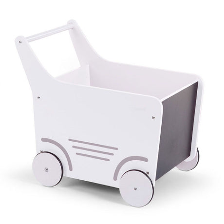 Chodzik dla dziecka Childhome White - drewniany pchacz z tablicą do rysowania, wspomaga naukę chodzenia i przechowuje zabawki