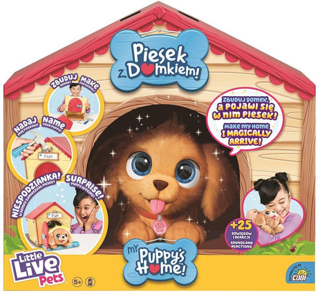 Interaktywny piesek Cobi Little Live Pets z domkiem, ponad 25 dźwięków, reagujący na dotyk, idealny prezent dla dzieci.