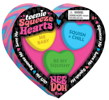 Zabawki antystresowe gniotki Schylling Teenie Squeeze Hearts NeeDoh w kształcie serc, zestaw 3 kolorowych sztuk.