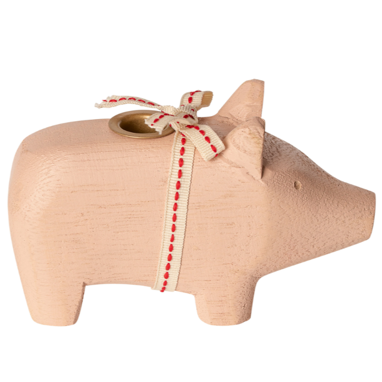 Maileg: Christmas decoration Wooden Pig Small Powder candlestick