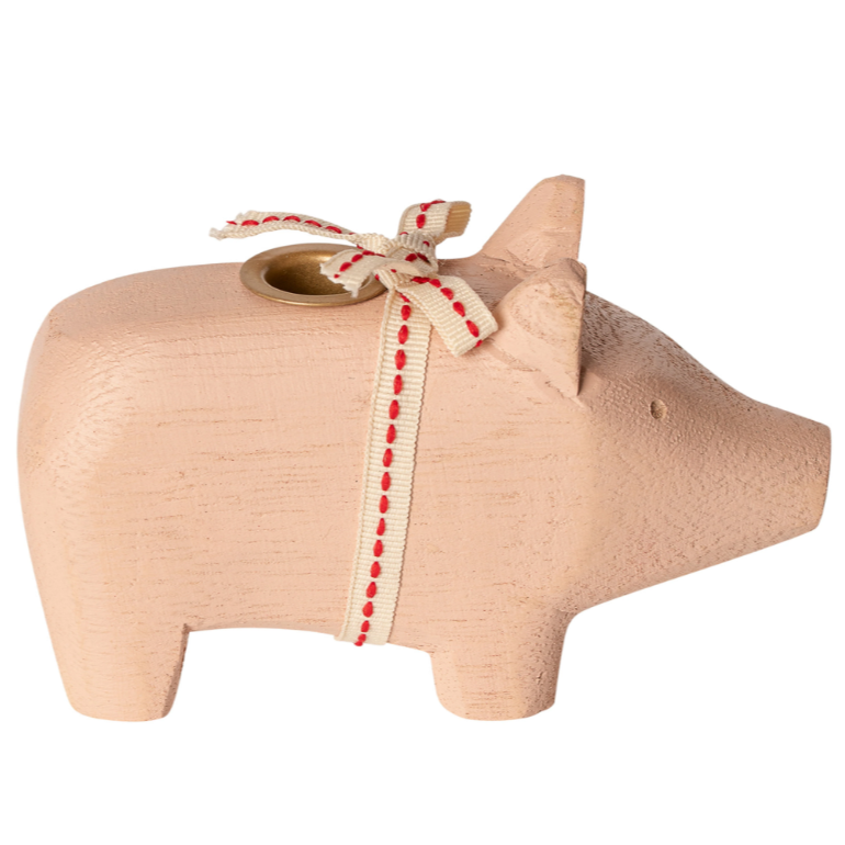 Maileg Wooden Pig Small Powder Świecznik Świąteczny, dekoracja bożonarodzeniowa, drewniana świnka, ozdoba przy wigilijnym stole