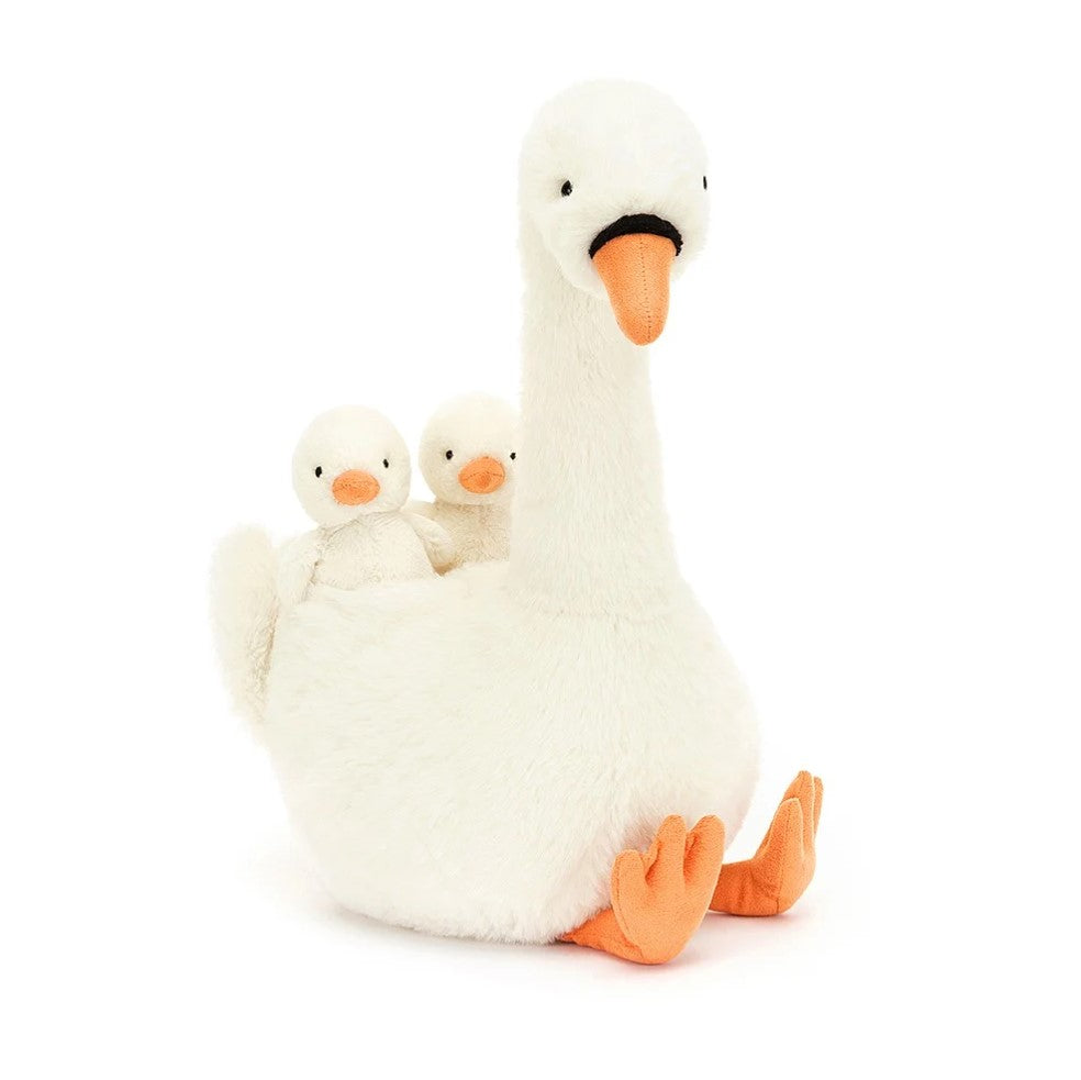 Pluszak łabędź Jellycat Featherful Swan z maleństwami, 39 cm, miękki, elegancki i bezpieczny do przytulania.