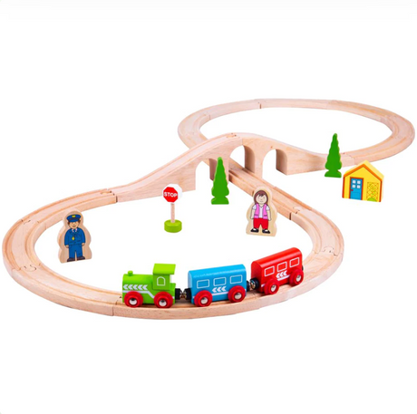 Kolejka drewniana Bigjigs Toys Ósemka – 26-elementowy zestaw dla dzieci, pociąg z trasą w kształcie ósemki, mostek