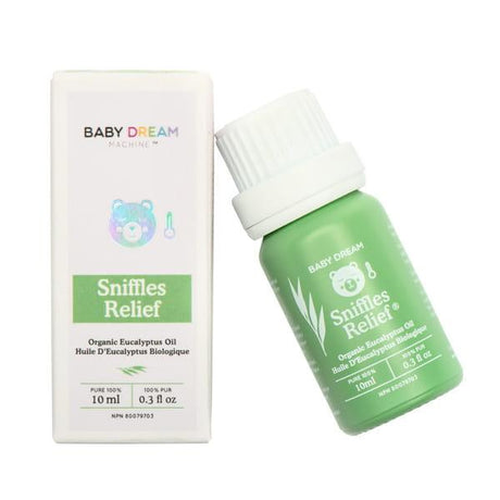 Organiczny olejek eteryczny eukaliptusowy Baby Dream Machine na katar, łagodzi przeziębienie, ułatwia oddychanie, bezpieczny dla niemowląt.