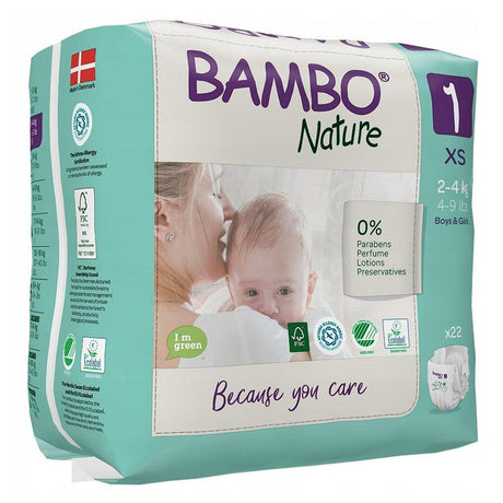 Pieluchy jednorazowe Bambo Nature New Born XS 2-4 kg, 22 sztuki, miękkie i oddychające dla delikatnej skóry noworodka.