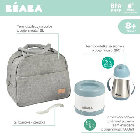 Termos obiadowy Béaba zestaw podróżny z torbą termiczną i bidonem dla dzieci, idealny na spacery i podróże.