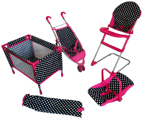 Wózek dla lalek Mariotoys 9003 4w1: wózek, nosidełko, łóżeczko turystyczne i krzesełko do karmienia. Idealny dla małych mam.