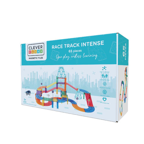 Klocki magnetyczne Cleverclixx Race Track Intense 65-piece zestaw do budowy kolorowych torów wyścigowych dla dzieci.