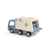 Drewniana śmieciarka zabawka dla dzieci z pojemnikami do sortowania odpadów, ucząca recyklingu i dbania o środowisko.