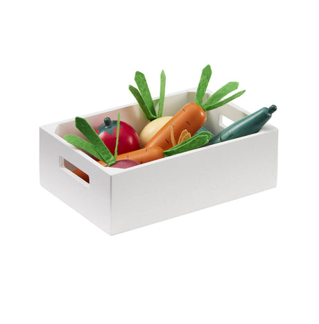Skrzynki drewniane na warzywa Kids Concept z 7 drewnianymi warzywami i owocami, rozwijają wyobraźnię małego kucharza.