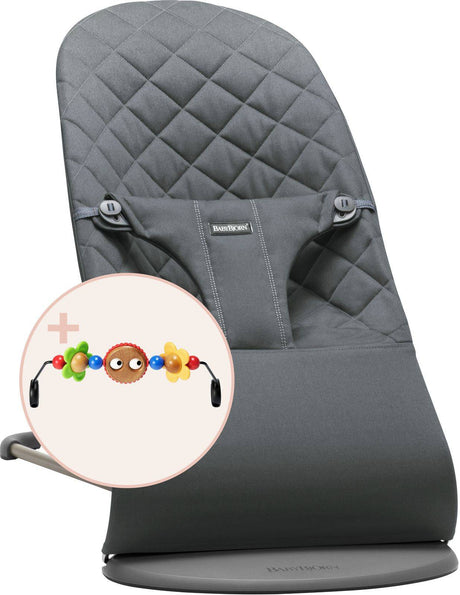 Bujak Leżaczek Babybjorn Bliss antracytowy dla dziecka z ergonomicznym kształtem i zabawką Googly Eyes, stymulujący rozwój motoryki.