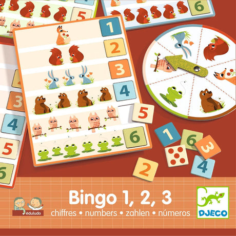 Gra edukacyjna Djeco Eduludo Bingo 123, kolorowe plansze, nauka liczenia do 6, zabawa dla 2-4 graczy.