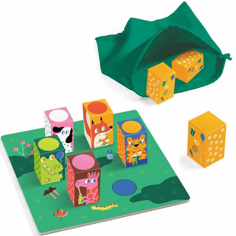 Gra dla dzieci Djeco Memo Sono rozwija koncentrację i pamięć, zbierać pary kostek dźwięków zwierząt, memory gra.
