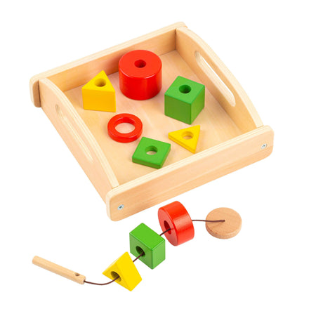 Drewniana zabawka edukacyjna Educo String the Bead Montessori, kolorowe koraliki, rozwija zdolności manualne i percepcję wzrokową.