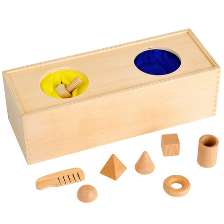 Mystery Box Educo Montessori - drewniana zabawka edukacyjna rozwijająca zmysł dotyku i poszerzająca słownictwo malucha.
