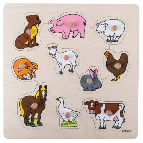 Kolorowe puzzle drewniane Educo Farm Animals z kołeczkami, idealne dla maluchów do nauki kształtów i zwierząt.