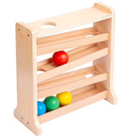 Zabawka montessori Educo Track Ball, edukacyjny kulodrom z drewna, wspiera rozwój wzrokowy i rozumienie przyczynowo-skutkowe.