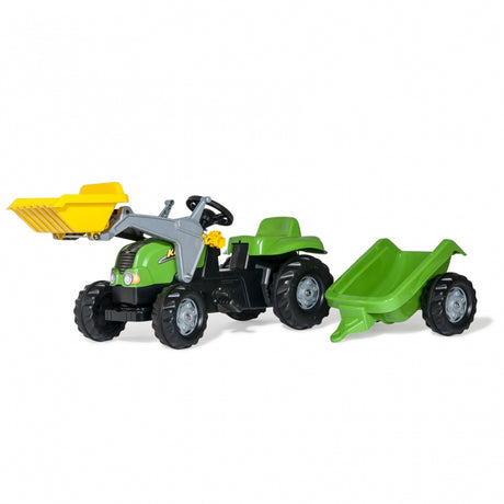 Traktor na pedały dla dzieci Rolly Toys Kid z łyżką i przyczepą, wysokiej jakości niemiecki produkt, bezpieczna zabawa.