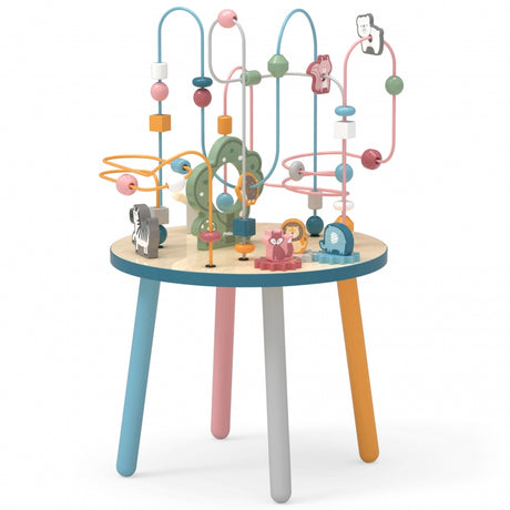 Stolik edukacyjny Viga Toys, drewniany stolik interaktywny z manipulacyjną przeplatanką, rozwija zdolności manualne dzieci.