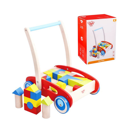 Drewniany chodzik pchacz Tooky Toy z kolorowymi klockami wspomaga naukę chodzenia i rozwija zdolności manualne dziecka.
