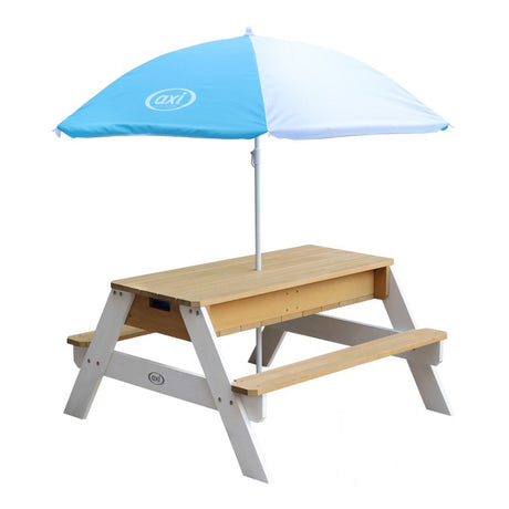 Stół piknikowy ogrodowy Axi Nick: wielofunkcyjny mebel dla dzieci z parasolem, pojemnikami na piasek/wodę, ławką.