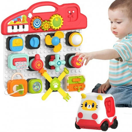 Tablica manipulacyjna Woopie - Kolorowy Panel Aktywności Montessori, rozwój sensoryczny i motoryczny, interaktywne elementy.