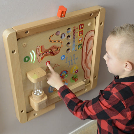 Tablica manipulacyjna Masterkidz Zmysł Słuchu Montessori, edukacyjna tablica sensoryczna rozwijająca słuch i wyobraźnię dzieci.