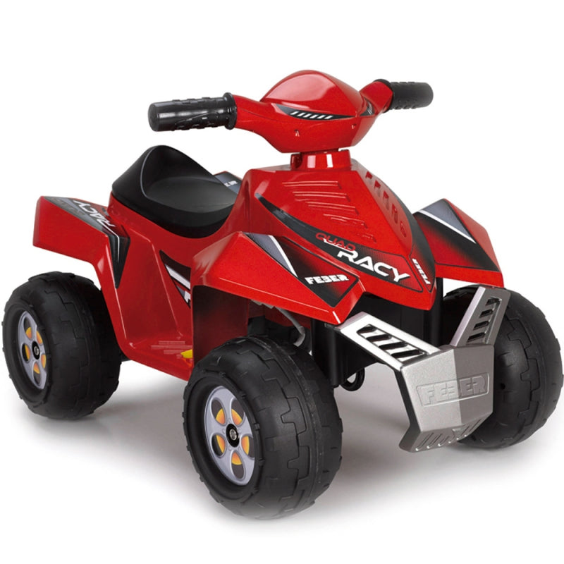 Czerwony quad elektryczny Feber Racy 6V dla dzieci, prędkość 2 km/h, gaz i hamulec w jednym pedale, bezpieczna jazda.