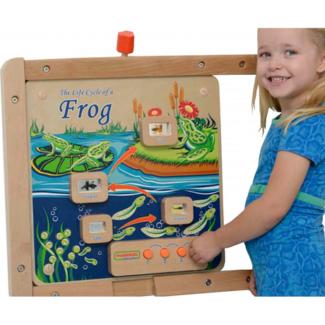 Tablica edukacyjna Masterkidz Flex Montessori dla dzieci, przedstawiająca cykl życia żaby, świetna pomoc dydaktyczna.