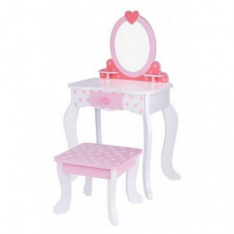 Różowa drewniana toaletka dla dziewczynki, z krzesełkiem, lustrem i szufladką, idealna dla małej księżniczki.