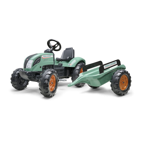 Zielony traktor na pedały Falk Lander z przyczepką dla dzieci od 3 lat, bezpieczny i stabilny.