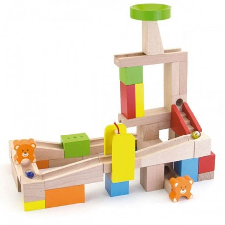 Kreatywny tor kulkowy Kulodrom Viga Toys z 49 drewnianymi elementami do konstruowania różnorodnych konstrukcji.