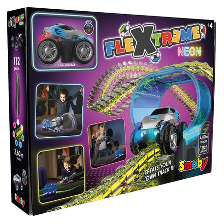 Tor wyścigowy Smoby Flextreme Neon z podświetlanymi trasami, autem i ekstremalnymi pętlami dla dziecięcych wyścigów samochodowych.