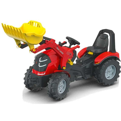 Traktor dla dzieci Rolly Toys X-Track, czerwony, pedały, regulowany fotel, ciche koła, ruchoma łyżka, bezpieczna zabawa.