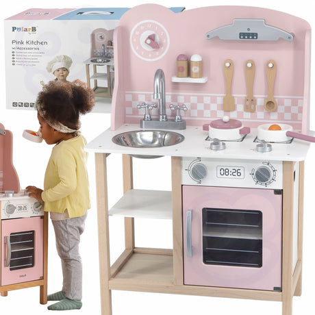 Kuchnia drewniana dla dzieci Viga Toys Silver Pink z akcesoriami, idealna do rozwijania kulinarnych pasji.