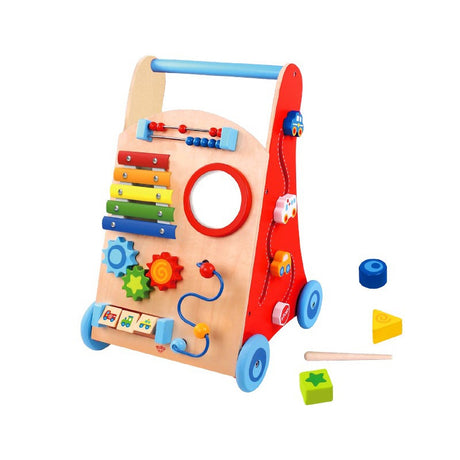 Wielofunkcyjny chodzik Tooky Toy - drewniany pchacz dla dzieci, kolorowy, z elementami edukacyjnymi, rozwija zdolności manualne.