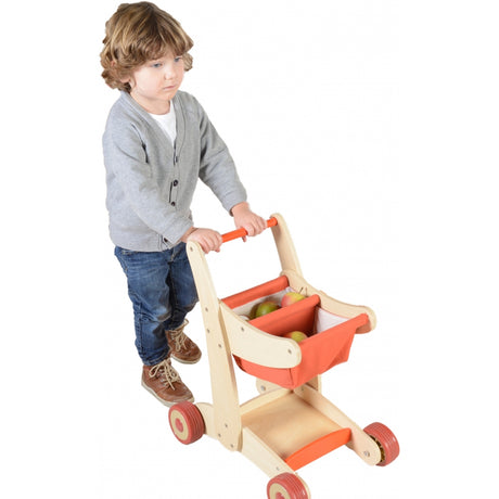 Drewniany wózek na zakupy Masterkidz, wózek sklepowy dla dzieci z plastikowymi kółkami i miejscem na lalkę.