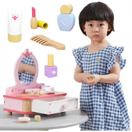 Drewniana toaletka dla dzieci z lustrem Viga Toys, różowa, z akcesoriami do makijażu, bezpieczna i kreatywna zabawa.